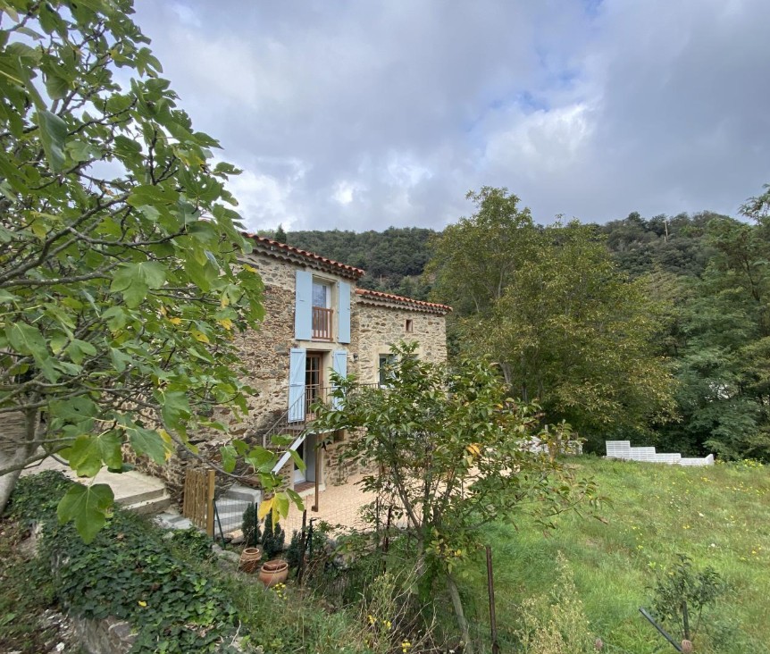 Maison de village en pierres avec volets bleus, entourée de verdure, à Prunet-et-Belpuig