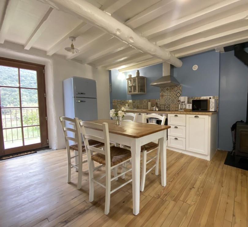 Cuisine vue sur le frigo bleu pastel et la fenêtre