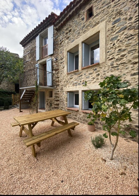 Jardin arrière avec table de pique-nique en bois